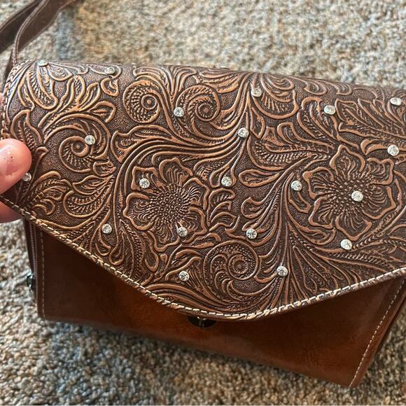 Traditions Pleather Brown Tooled Floral Purse & Wallet Set w/ Rhinestones - Picture 2 of 15